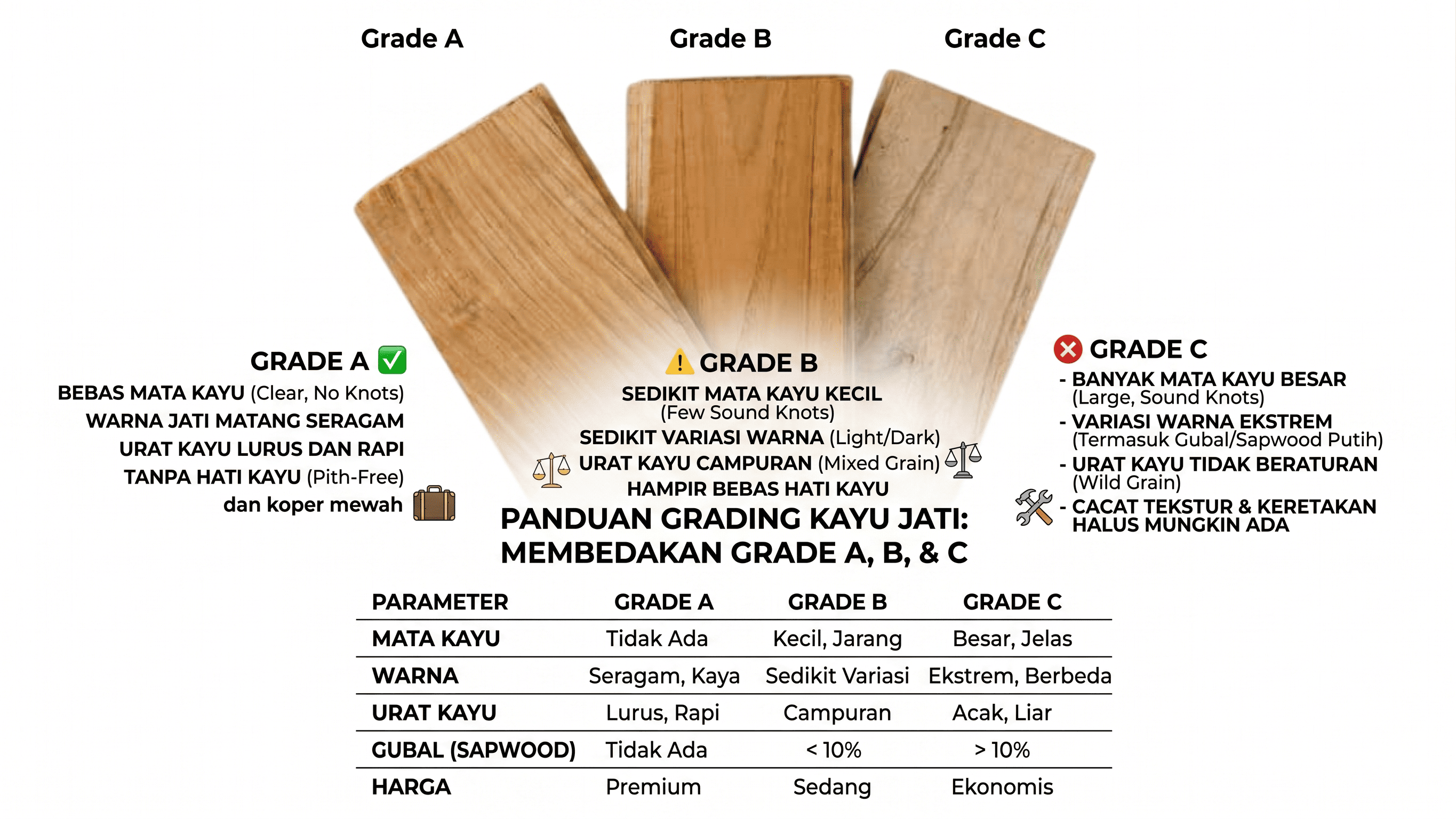 Perbedaan Kayu Jati Perhutani Grade A, B, dan C: Panduan Cerdas Sebelum Membeli